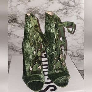 Schutz Alexia Khaki Green Stiletto Ankle Peep Toe Booties